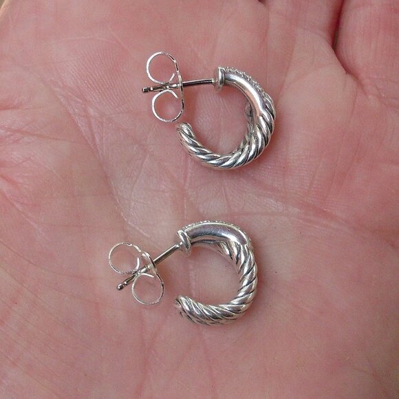 Retired David Yurman Labyrinth Diamond Hoop Earrings - 14K/925 - DY Backs - Picture 4 of 9